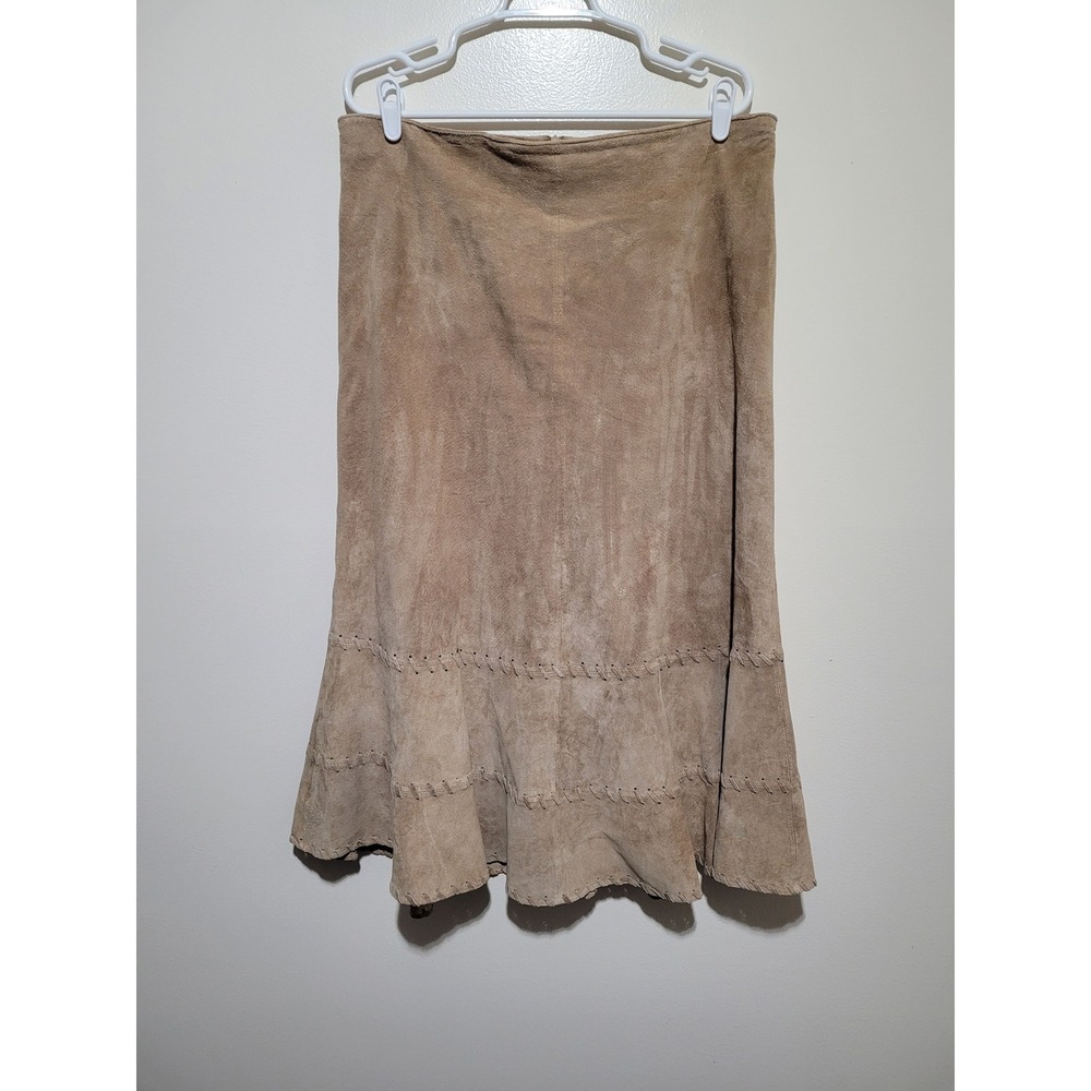 Chico's Suede Leather Midi Skirt Womens Size XL Tan Whipstitch Tiered